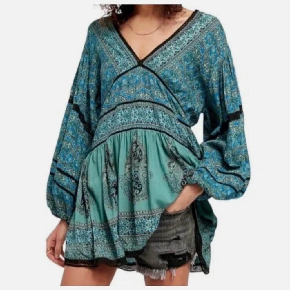 Free People Women's Luna Scarf Print Tunic Blouse S Ocean Combo Flowy Boho Top - Picture 1 of 9